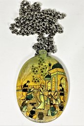 Fine Vintage Middle Eastern Hand Painted Mother Of Pearl Pendant And Chain Necklace