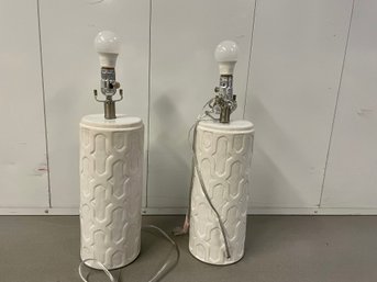 Pair Of White Cylindrical Ceramic Table Lamps