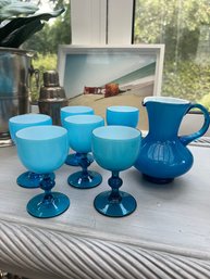 Carlo Moretti Aqua Cased Glass Pitcher/set Of 6 Cocktail Glasses