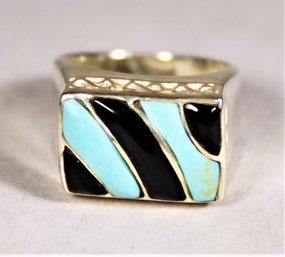 Fine Sterling Silver Ring Having Turquoise And Black Onyx In Filigree Setting Size 7