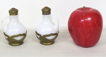 A Rare Pair Of Farber Bros Salt/pepper Shakers In Brass W/original Labels & Milk Glass Bodies