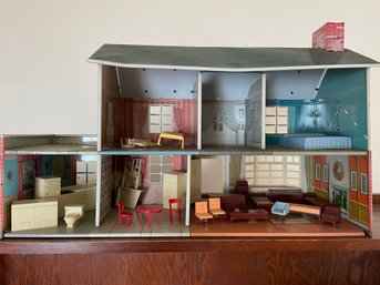 Vintage Mid Century Tin Litho Dollhouse With Mid Century Modern Furniture