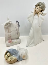3 Vintage Lladro Porcelain Figurines, Spain: Angel, Ducks & 1998 Collectors Society Scroll