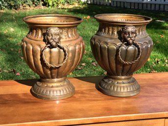 Great Pair Of Planters  - SOLID BRASS Planters With Large Lions Heads - Nice Fluted Design And Details - WOW !