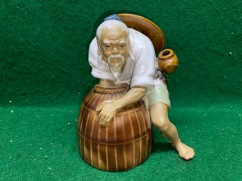 Vintage Japanese Glazed Figurine Of Man With Hat Arm In Basket. Yes Shipping.