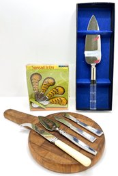 Vintage Wood Cheese Board With Spreaders, New In Box Rialto Sheffield Lucite Cake Knife & Set New Spreaders &