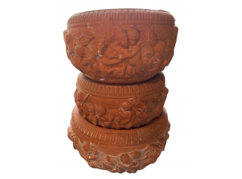 Set Of Three Terra Cotta  Planters With Cherubs