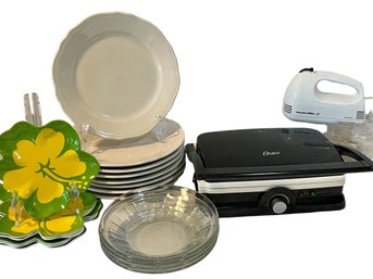 Kitchen Lot Featuring An Oster Panini Maker, Proctor Silex Hand Mixer & 8 Homer Laughlin Dinner Plates & More