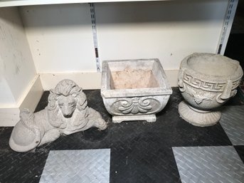 Lot Of Three Vintage Concrete Garden Items - Two Classic Planters And One Recumbent Lion - Three Nice Pieces