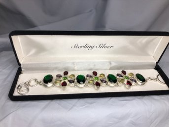 Lovely 925 / Sterling Silver / Multi Gemstone Toggle Bracelet - Peridot - Diopside - Yellow Topaz - Amethyst