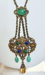 STUNNING VINTAGE GREEN GLASS & RHINESTONE NECKLACE 3 1/2' DROP