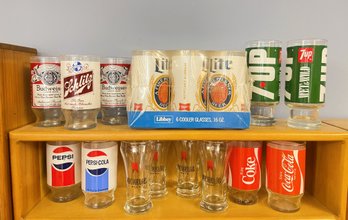 Nineteen Vintage Glasses- Six NOS Libbey Lite Beer, Four Michelob, Budweiser, Schlitz, 7UP, Coke & Pepsi