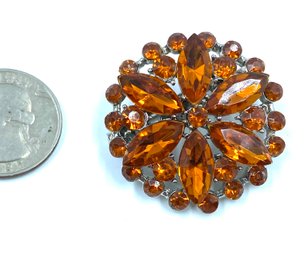 Stunning Silvertone & Orange Rhinestone Brooch