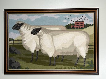 Embroidered Welsh Woolwork Elizabeth Bradley 'Beasts Of The Field Two Fat Suffolk Lamb' Framed Art