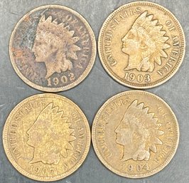 4 Indian Head Pennies 1902, 1903, 1904, 1907