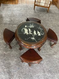 Antique Chinese Carved Mother Of Pearl MOP Inlay Coffee Table With 4 Stools