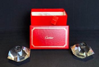 Set Of 2 Cartier  Hexagonal Faceted Crystal Tapered Candle Stick Holder With Box
