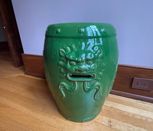 A Ceramic Garden Stool With Chinese Dragon In Leaf Green