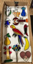 Collection Lot Of Vintage Hand Made Stained Glass Cat, Parrot, Lobster, Heart Shape, Flowers, Owl & More.