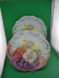 Set Of 2 Hand Painted Plates With Roses And Morning Glories