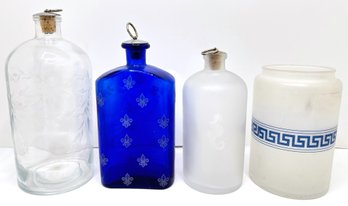 3 Glass Bottles With Tops & 1 Canister With Etched Flowers, Seahorse & Greek Designs