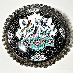 Vintage Persian Enamel On Copper Silver Framed Brooch Having Birds