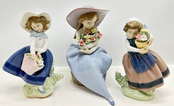 3 Vintage Lladro Girls With Flowers Porcelain Figurines, Spain