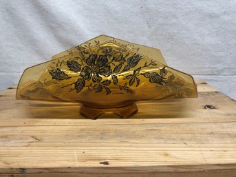 Vintage Silver Overlay Floral Design On Amber Glass Basket