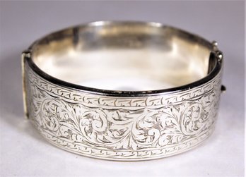 Fine Antique English Wide Sterling Silver Bangle Bracelet Engraved Flowers