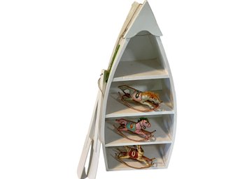 Tabletop Standing Boat Shelf With Attached Oars & 3 Rocking Horse Ornaments