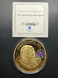 The Life Of Pope John Paul II 2011 Layered In 24k Gold W/Silver Hologram Commemorative Coin W/COA