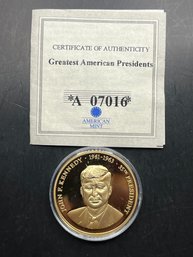 Greatest American Presidents JFK Layered In 24k Commemorative Coin W/COA