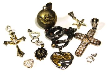 Lot Of 10 Silver Tone Pendants Crosses Hearts, Etc.