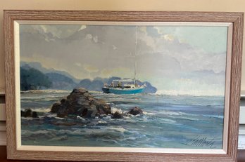 Stunning Oil Painting Of Sailboat & Mediterranean French Coastal View By Joseph Lamorte C. 1975