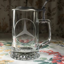 VERY COOL Vintage Crystal MERCEDES BENZ Tankard / Stein With Pewter Lid - Fine Quality - Made By ALWE Nice !