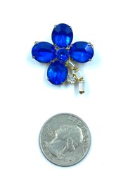 Vintage Clear & Blue Rhinestone Flower Brooch