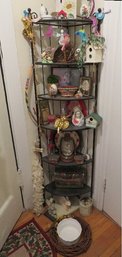 Metal Corner Shelf With Glass Shelves, And Everything On It And Around It