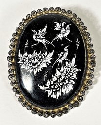 Vintage Persian Enamel On Copper Silver Frame Black And White Floral Brooch