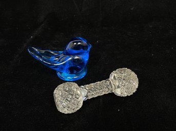 Glass Lot - Small Glass Bird And Cut Glass Knife Rest