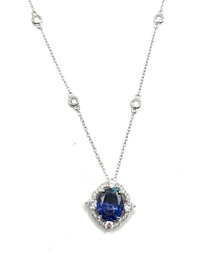 Gorgeous Sterling Silver Sapphire Blue Color And Clear Stones Pendant Necklace