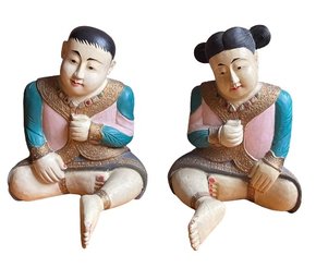 A Pair Of Life Size Hand Carved & Hand Painted Wooden Chinese Sculptors