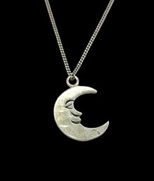 Vintage Mexican Sterling Silver Half Moon Pendant On Italian Sterling Silver Chain