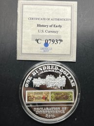 History Of Early U.S. Currency 1875 Declaration Of Independence Silver Plated Proof Commemorative Coin W/COA