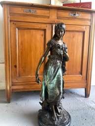 Mid 20th Cent H.F. Moreau Bronze Girl W/ Mandolin Statue On Marble Base