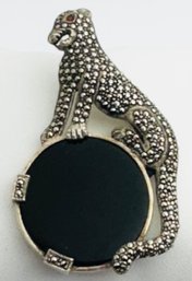 GORGEOUS ART DECO STERLING SILVER ONYX AND MARCASITE PANTHER BROOCH