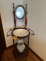 Victorian Wash Stand With Pitcher &bowl, Mirror And Candle Holders