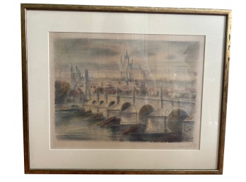 Framed Signed Pastel Town Scene Purchased In Czechoslovakia 17' X 21'