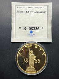 American Mint Statue Of Liberty Anniversary Layered In 24k Gold W/Swarovski Crystal Commemorative Coin W/COA