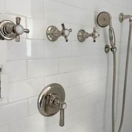 A Set Of Waterworks Polished Nickel Astoria Shower Controls - Telephone Handheld