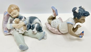 2 Vintage Lladro Children With Animals Porcelain Figurines, Spain